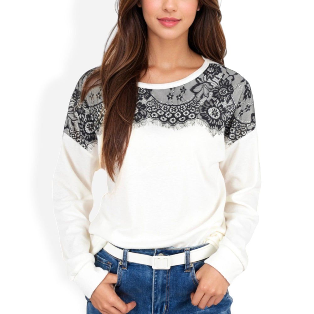 Long Sleeve Top with Lace Yoke Detail and Relaxed Fit