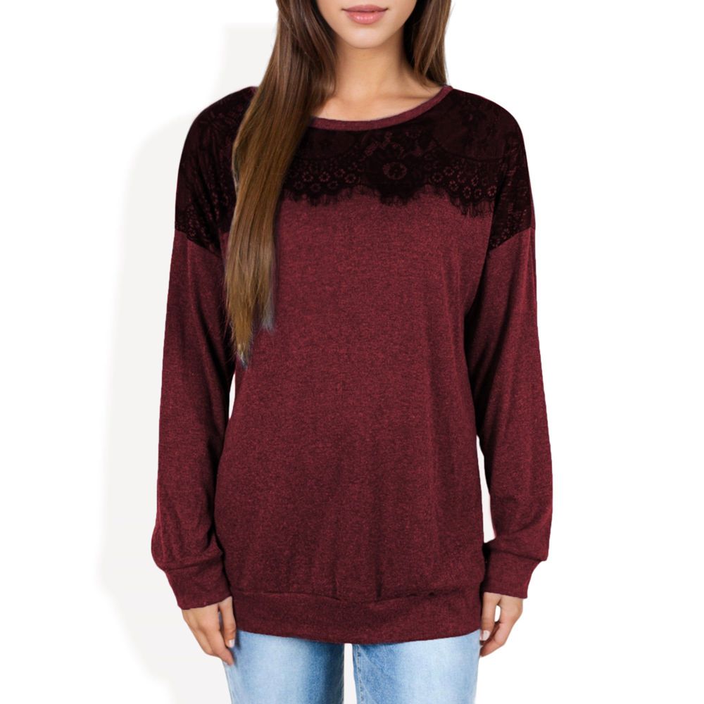 Long Sleeve Top with Lace Yoke Detail and Relaxed Fit