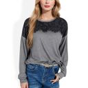 Gray Large Long Sleeve Top with Lace Yoke Detail and Relaxed Fit