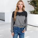 Gray Large Long Sleeve Top with Lace Yoke Detail and Relaxed Fit