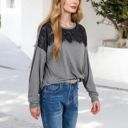 Gray Large Long Sleeve Top with Lace Yoke Detail and Relaxed Fit