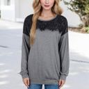 Gray Large Long Sleeve Top with Lace Yoke Detail and Relaxed Fit