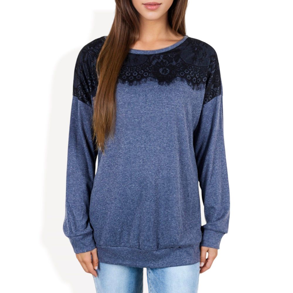 Long Sleeve Top with Lace Yoke Detail and Relaxed Fit