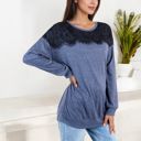 Blue Large Long Sleeve Top with Lace Yoke Detail and Relaxed Fit