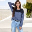 Blue Large Long Sleeve Top with Lace Yoke Detail and Relaxed Fit