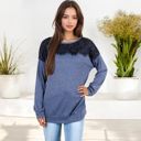 Blue Large Long Sleeve Top with Lace Yoke Detail and Relaxed Fit