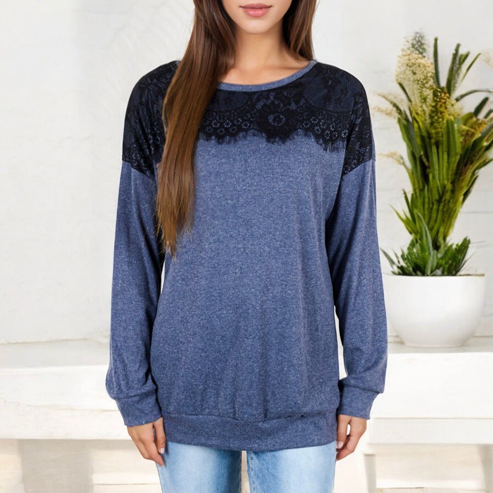 Long Sleeve Top with Lace Yoke Detail and Relaxed Fit