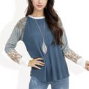 Blue Large Mixed Print Long Sleeve Waffle Knit Top with Contrast Sleeves