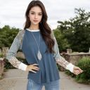 Blue Large Mixed Print Long Sleeve Waffle Knit Top with Contrast Sleeves