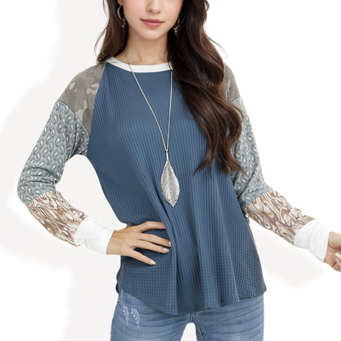 Mixed Print Long Sleeve Waffle Knit Top with Contrast Sleeves