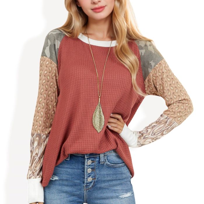 Mixed Print Long Sleeve Waffle Knit Top with Contrast Sleeves