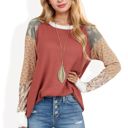 Red Large Mixed Print Long Sleeve Waffle Knit Top with Contrast Sleeves