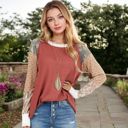 Red Large Mixed Print Long Sleeve Waffle Knit Top with Contrast Sleeves