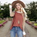 Red Large Mixed Print Long Sleeve Waffle Knit Top with Contrast Sleeves