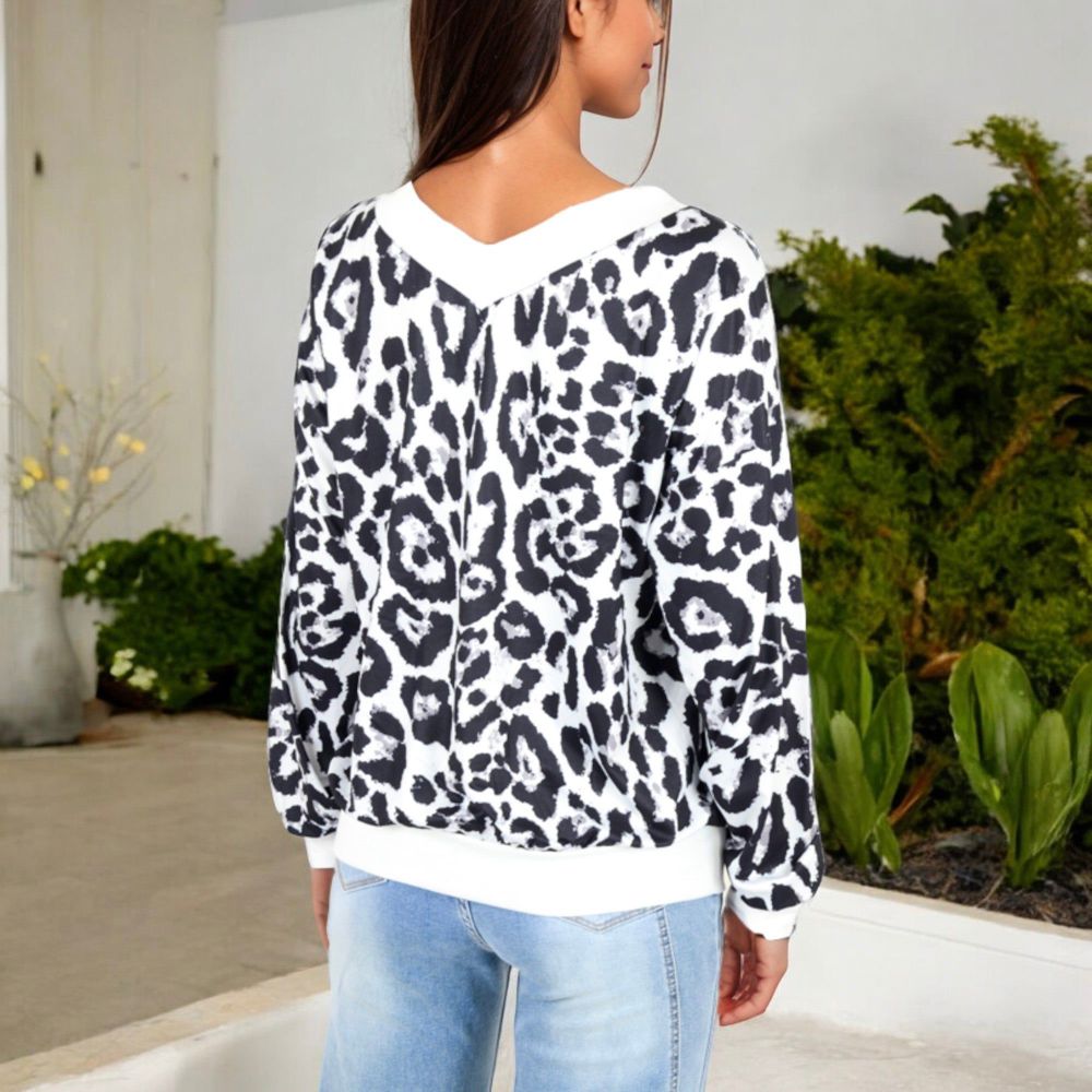 Leopard Print V-Neck Long Sleeve Pullover with Contrast Trim