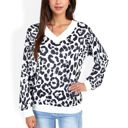 White Medium Leopard Print V-Neck Long Sleeve Pullover with Contrast Trim