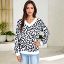 White Medium Leopard Print V-Neck Long Sleeve Pullover with Contrast Trim