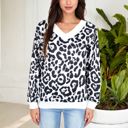 White Medium Leopard Print V-Neck Long Sleeve Pullover with Contrast Trim