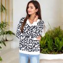 White Medium Leopard Print V-Neck Long Sleeve Pullover with Contrast Trim