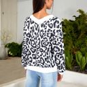 White Medium Leopard Print V-Neck Long Sleeve Pullover with Contrast Trim