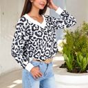 White Medium Leopard Print V-Neck Long Sleeve Pullover with Contrast Trim