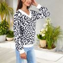 White Medium Leopard Print V-Neck Long Sleeve Pullover with Contrast Trim