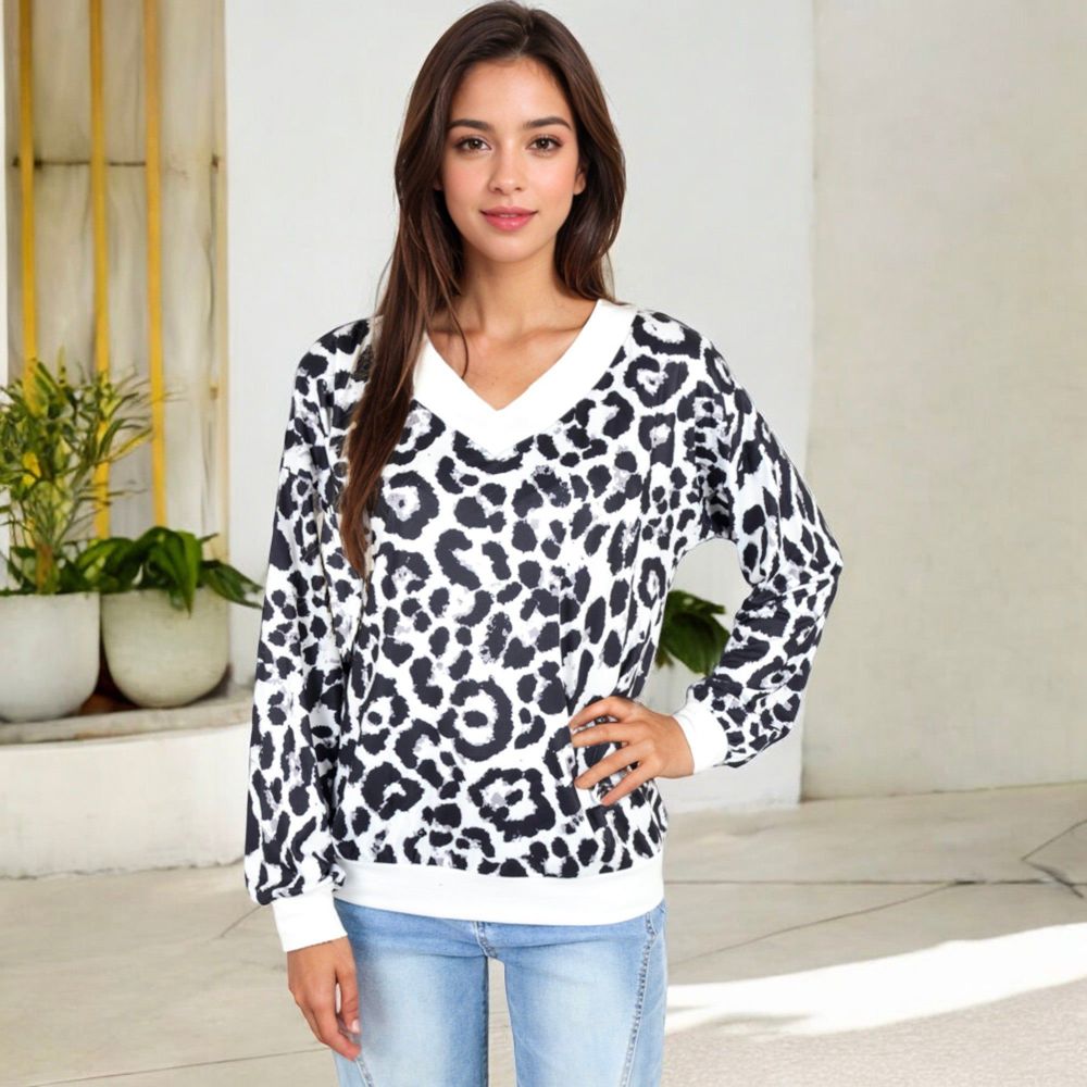 Leopard Print V-Neck Long Sleeve Pullover with Contrast Trim