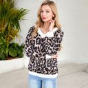 Black Large Leopard Print V-Neck Long Sleeve Pullover with Contrast Trim