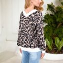 Black Large Leopard Print V-Neck Long Sleeve Pullover with Contrast Trim