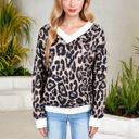 Black Large Leopard Print V-Neck Long Sleeve Pullover with Contrast Trim