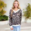 Black Large Leopard Print V-Neck Long Sleeve Pullover with Contrast Trim