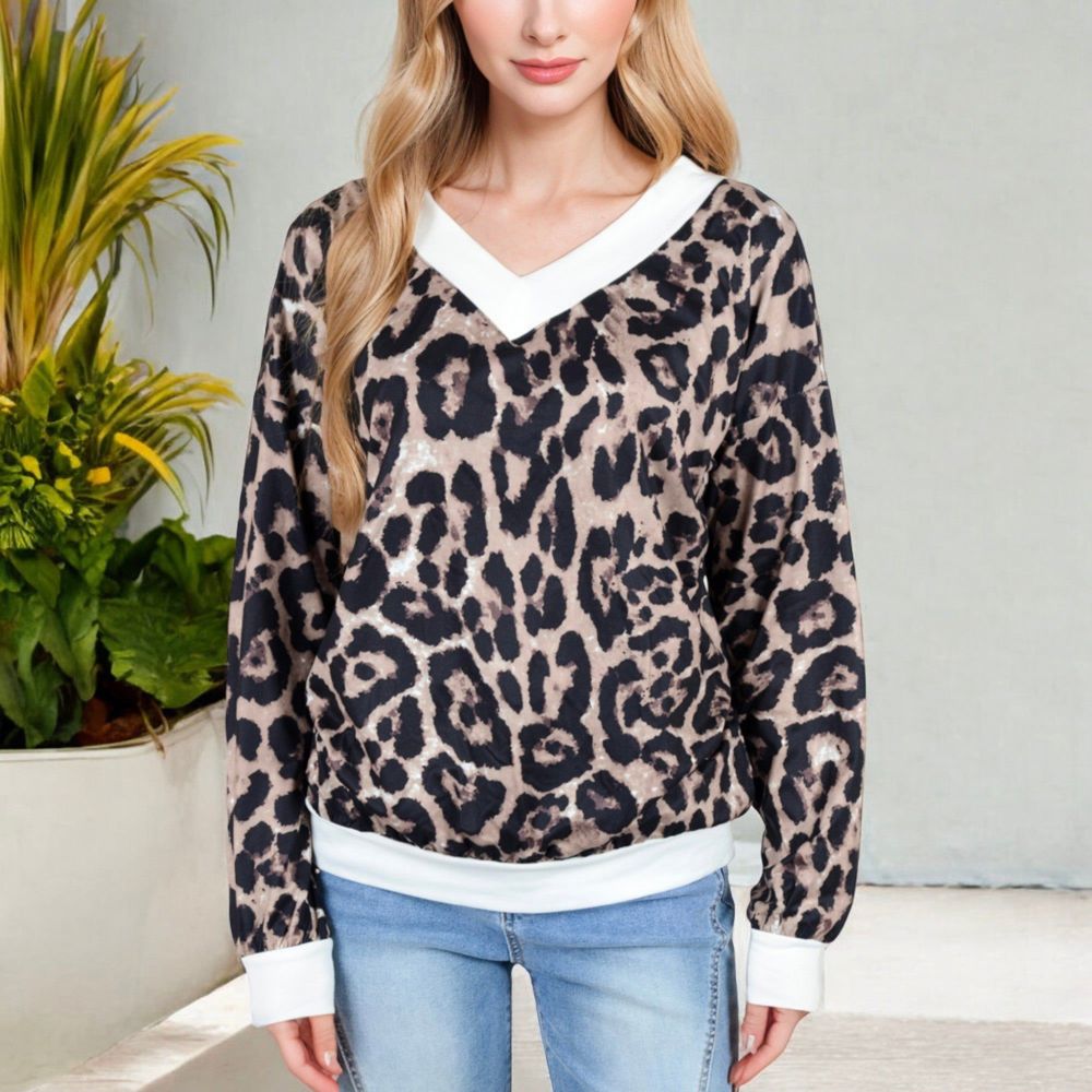 Leopard Print V-Neck Long Sleeve Pullover with Contrast Trim