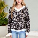 Black Large Leopard Print V-Neck Long Sleeve Pullover with Contrast Trim