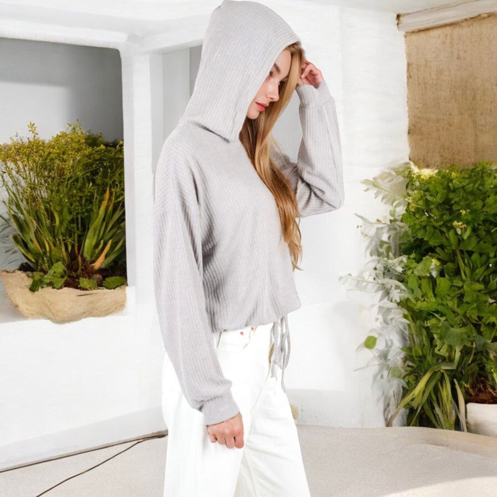 Drawstring Hem Ribbed Hoodie with Long Sleeves and Relaxed Fit