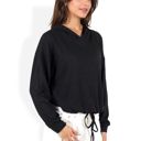 Black Large Drawstring Hem Ribbed Hoodie with Long Sleeves and Relaxed Fit