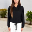 Black Large Drawstring Hem Ribbed Hoodie with Long Sleeves and Relaxed Fit