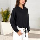 Black Large Drawstring Hem Ribbed Hoodie with Long Sleeves and Relaxed Fit