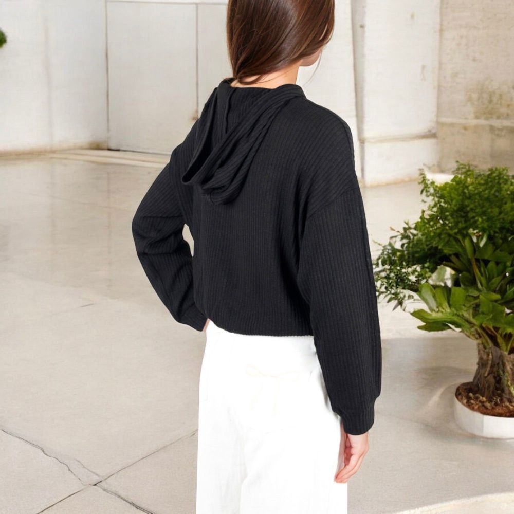 Drawstring Hem Ribbed Hoodie with Long Sleeves and Relaxed Fit