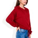 Red Large Drawstring Hem Ribbed Hoodie with Long Sleeves and Relaxed Fit