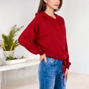 Red Large Drawstring Hem Ribbed Hoodie with Long Sleeves and Relaxed Fit