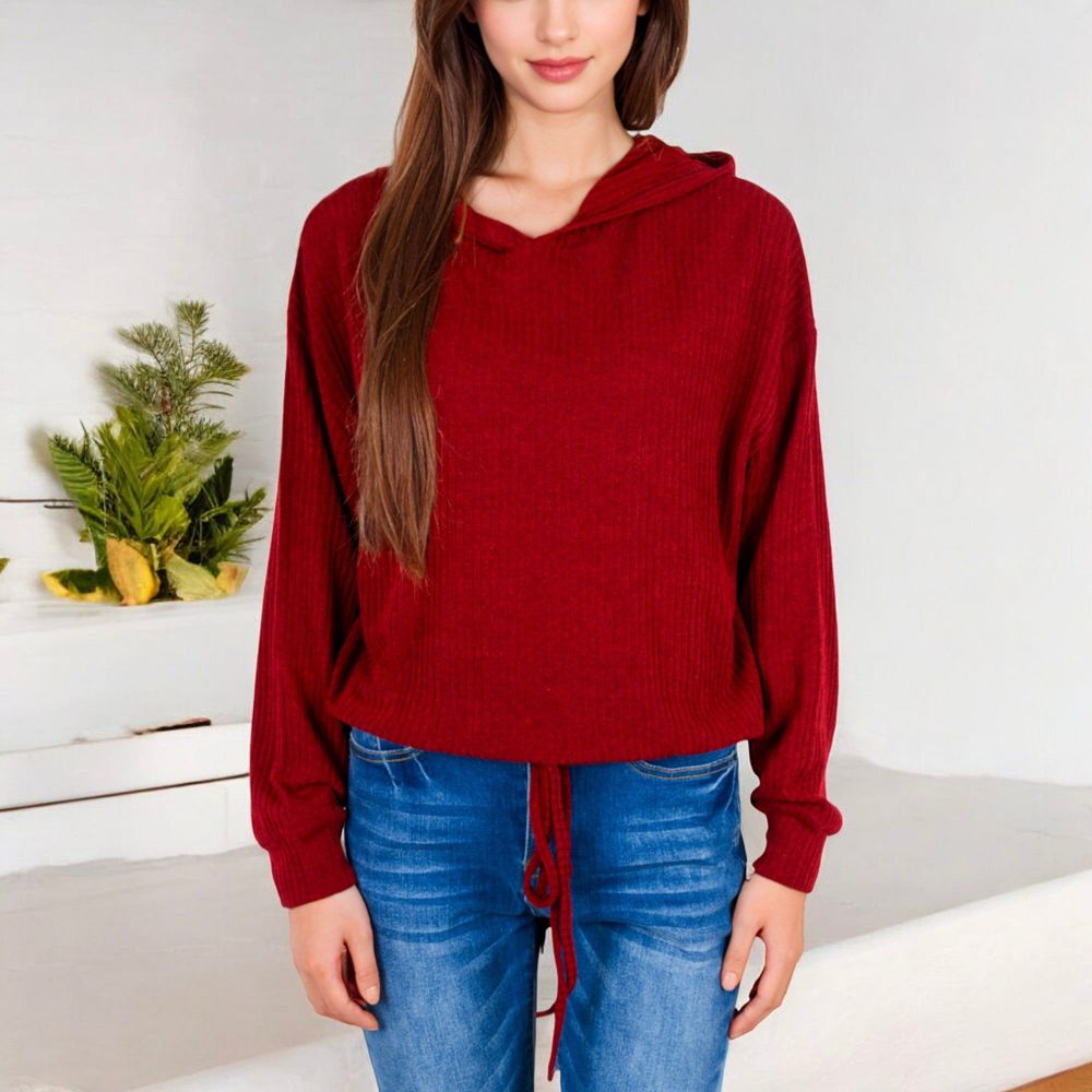 Drawstring Hem Ribbed Hoodie with Long Sleeves and Relaxed Fit