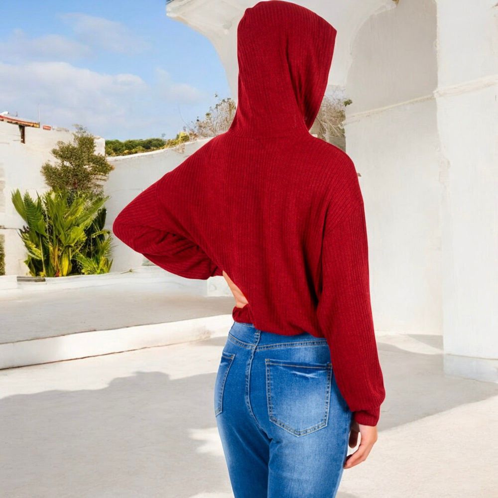 Drawstring Hem Ribbed Hoodie with Long Sleeves and Relaxed Fit