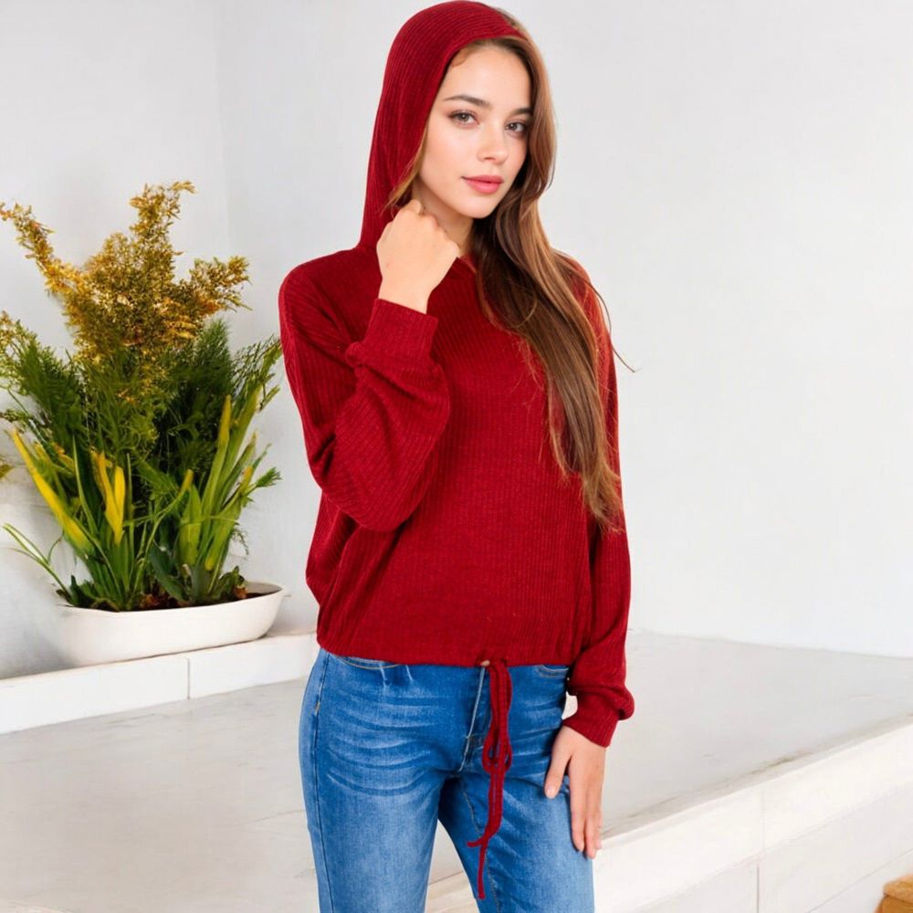 Drawstring Hem Ribbed Hoodie with Long Sleeves and Relaxed Fit