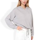 Gray Large Drawstring Hem Ribbed Hoodie with Long Sleeves and Relaxed Fit