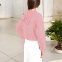 Pink Large Drawstring Hem Ribbed Hoodie with Long Sleeves and Relaxed Fit