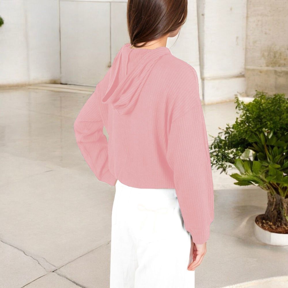 Drawstring Hem Ribbed Hoodie with Long Sleeves and Relaxed Fit