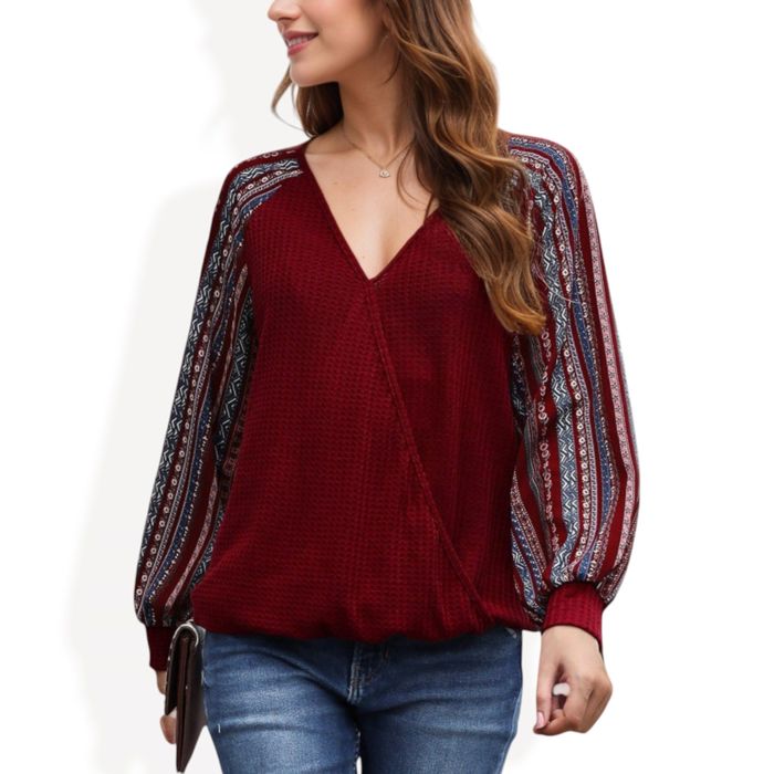 Boho Waffle Knit Surplice Top with Patterned Long Sleeves