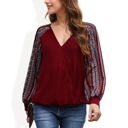  Boho Waffle Knit Surplice Top with Patterned Long Sleeves