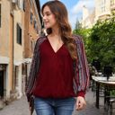 Red Large Boho Waffle Knit Surplice Top with Patterned Long Sleeves