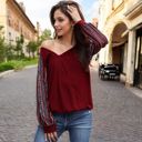 Red Large Boho Waffle Knit Surplice Top with Patterned Long Sleeves